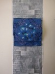 本場大島紬 着尺 薄グレー ひし形文様(きもの)+袋帯 楽園美2 ブルー(帯)