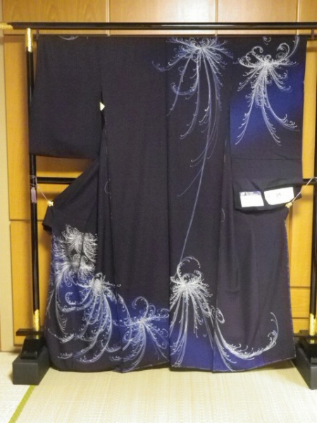 即納】 O-2306 袋帯 本藍染 藍虹彩 流水に草花模様 御召御納戸色 空色
