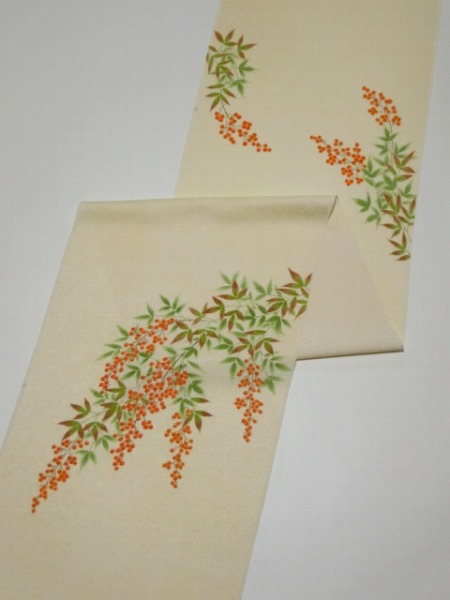 正絹　名古屋帯　南天　作家もの　金通し　手描き 正絹 名古屋帯 南天 作家もの 金通し 手描き