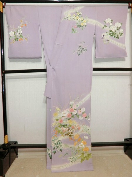 高級手描き京友禅訪問着 四季草花に流水ぼかし 藤グレー | 最高級着物
